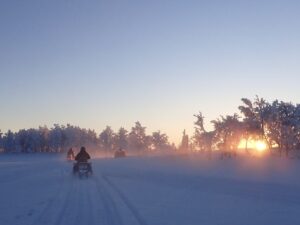 People on snowmobiles in Sweden. Bright blue sky and crisp white snow connected with a lining of silhouetted trees